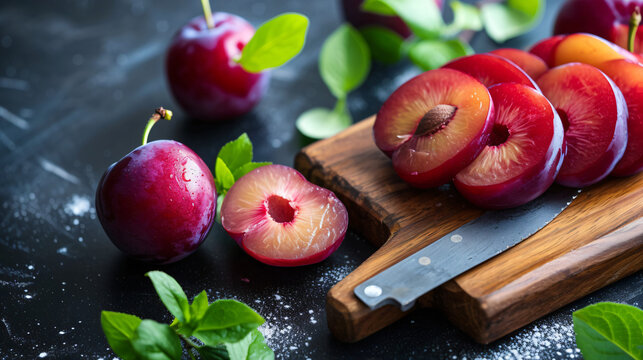 Sliced and whole plums and a kitchen knife