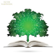 Paper tree growing from an open book. Ecologically clean world. Sun Sunburst Pattern. Sunbeam ray pattern sunburst background. Bright yellow, blue, red, orange, green color explosive