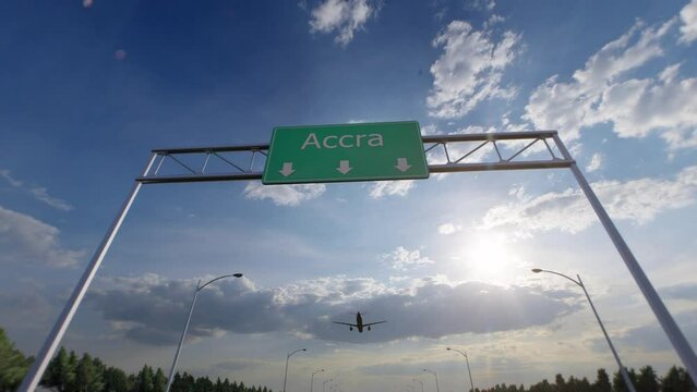 Accra City Road Sign - Airplane Arriving To Accra Airport Travelling To Ghana