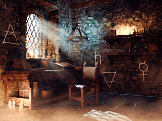 Fantasy scene with a dark room with alchemical symbols, a desk and a chair, and candles. Made from 3d elements and painted parts. No AI used. The image is not a real place  - it's a set of 3d objects.