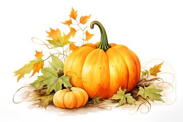 Naklejka na ściany i meble Pumpkin and autumn leaves isolated on white background. Watercolor illustration