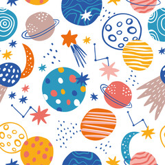 cute space pattern on the white background with bright planets for kids