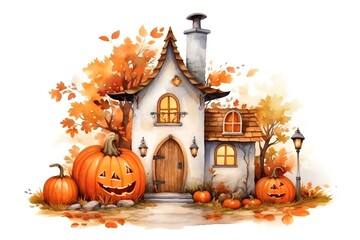 Obraz premium Halloween house with pumpkins and autumn leaves, watercolor illustration
