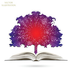 Paper tree growing from an open book. Ecologically clean world. Sun Sunburst Pattern. Sunbeam ray pattern sunburst background. Bright yellow, blue, red, orange, green color explosive
