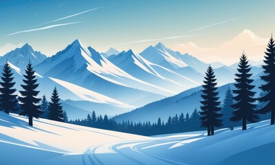 Fototapeta na wymiar A winter landscape featuring towering mountains on the horizon, snow-covered plains by ai generated