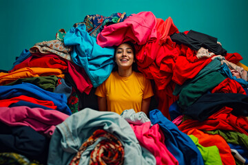 Exuberant Woman Surrounded by a Mountain of Colorful Secondhand Clothing
