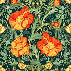 Art Nouveau Pattern.  Generated Image.  A digital rendering of a seamless, repeating Art Nouveau floral design pattern.