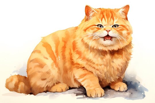 Cute ginger cat sitting on white background. Watercolor illustration.