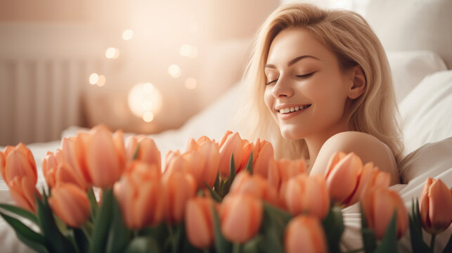 Beautiful young woman with tulips flowers