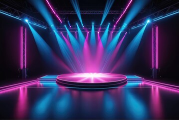An unoccupied neon stage with radiant spotlights for showcasing neon displays by ai generated - obrazy, fototapety, plakaty