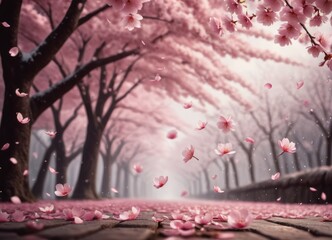 Background featuring falling pink sakura petals by ai generated
