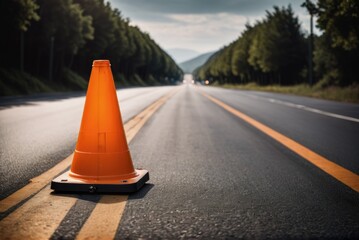 Capture the essence of urban caution with a close-up shot featuring an orange traffic cone strategically placed on the road 