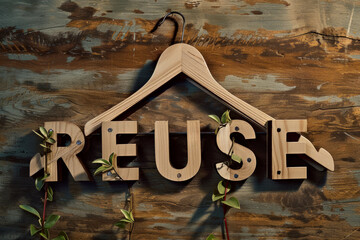 Creative Reuse Message on Wooden Hanger, Inspiring Sustainable Fashion Practices