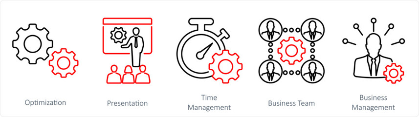 A set of 5 Mix icons as optimization, presentation, time management