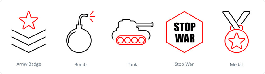 A set of 5 Mix icons as army badge, bomb, tank
