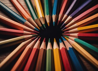 Fototapeta premium Colored pencils arranged in a circular pattern by ai generated