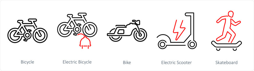 A set of 5 Mix icons as bicycle, electric bicycle, bik