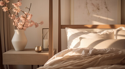  Details of the interior of a modern house.Cozy four-poster bed with soft beige bed linen, bedside table and natural decorations, close-up