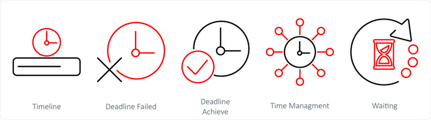 A set of 5 Mix icons as timeline, deadline failed, deadline achieve