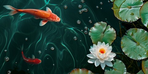Tranquil Koi Pond with Water Lilies and Blossoming Lotus, Zen Garden Aesthetics