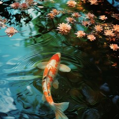 Obraz na płótnie Canvas Dynamic Koi Fish Swimming in a Pond with Blurred Motion, Colorful Garden in the Background