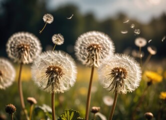Obraz premium Dandelions drifting in the breeze against a blurred background by ai generated