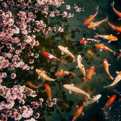 Fototapeta na wymiar Koi Fish Swimming Among Cherry Blossoms Overhead, A Top-View Springtime Dance