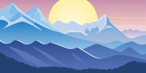 Sunrise in the mountains, morning haze and fog, sun over the peaks, vector illustration