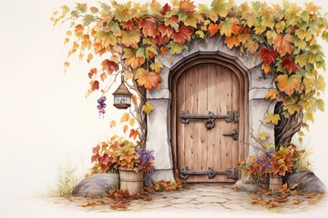 Autumn landscape with old wooden door and colorful leaves. Illustration