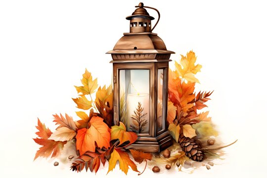 Vintage lantern with autumn leaves. Hand drawn watercolor illustration.