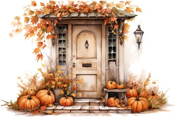 Watercolor wooden front door with pumpkins and autumn leaves on white background
