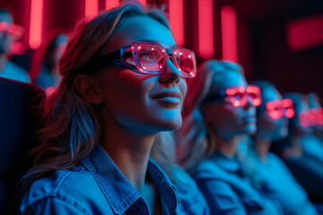 Side view of a woman in 3D glasses with friends, family enjoying a concert, movie, theatrical performance with happy smiling face