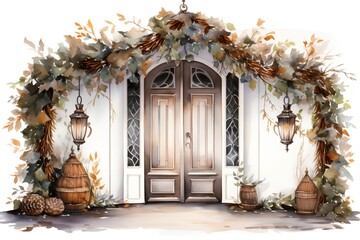 Fototapeta na wymiar Beautiful watercolor illustration of a wooden door with a wreath of flowers.