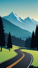 llustration of a mountain road landscape. A highway winds through a valley by ai generated