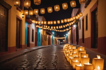 Fototapeta premium a charming Mexican street, creating a magical ambiance in the night by ai generated