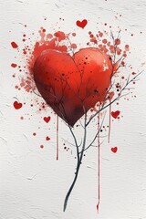 Watercolor Greeting Card with red Heart and Tree for Valentine Day. Vertical Postcard. AI Generated
