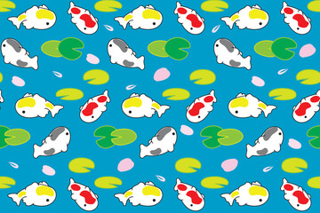 Illustration pattern of koi fish with lotus leaf and petal fall on blue background.
