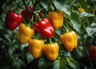 Numerous yellow and red peppers are flourishing on the tree by ai generated