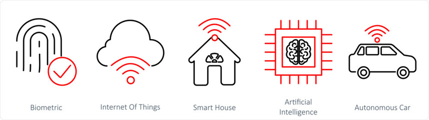 A set of 5 mix icons as biometric, internet of things, smart house
