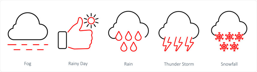 A set of 5 mix icons as fog, rainy day, rain