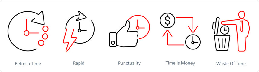 A set of 5 mix icons as refresh time, rapid, punctuality