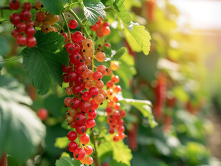 Fototapeta premium Unripe vibrant redcurrants clustered on the branch, shining with freshness.