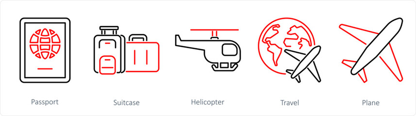 A set of 5 mix icons as passport, suitcase, helicopter