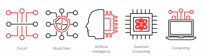 A set of 5 mix icons as circuit, blockchain, artificial intelligence
