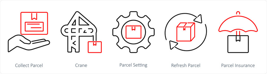 A set of 5 mix icons as collect parcel, crane, parcel setting