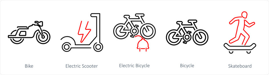 A set of 5 mix icons as bike, electric scooter, electric bicycle