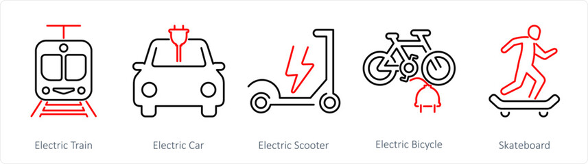 A set of 5 mix icons as electric train, electric car, electric scooter