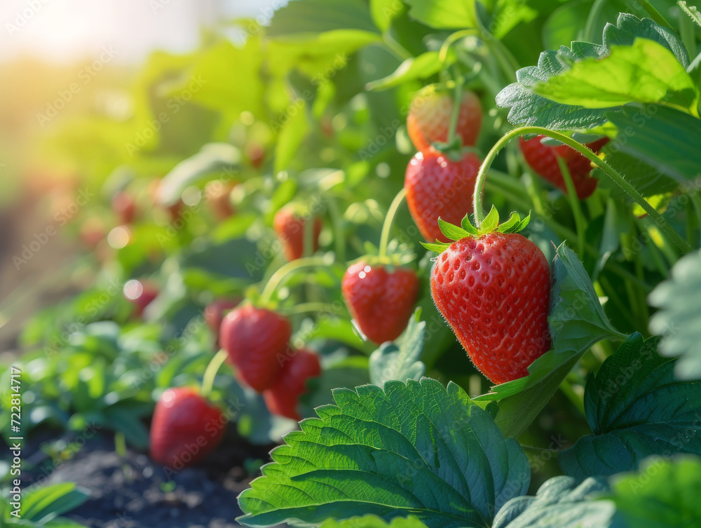 Poster Bright red strawberries hanging from the plant, ready for picking.