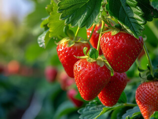 Clusters of red strawberries nestled in green leaves, dappled with sunlight.