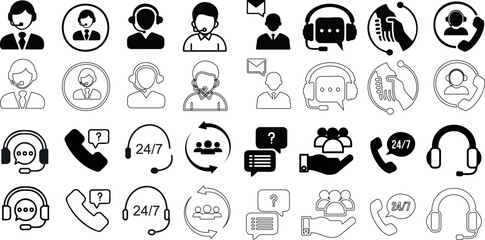 Customer support icons set, black and white, featuring operators, headsets, 24/7 service, chatbots. Ideal for web design, apps, communication services